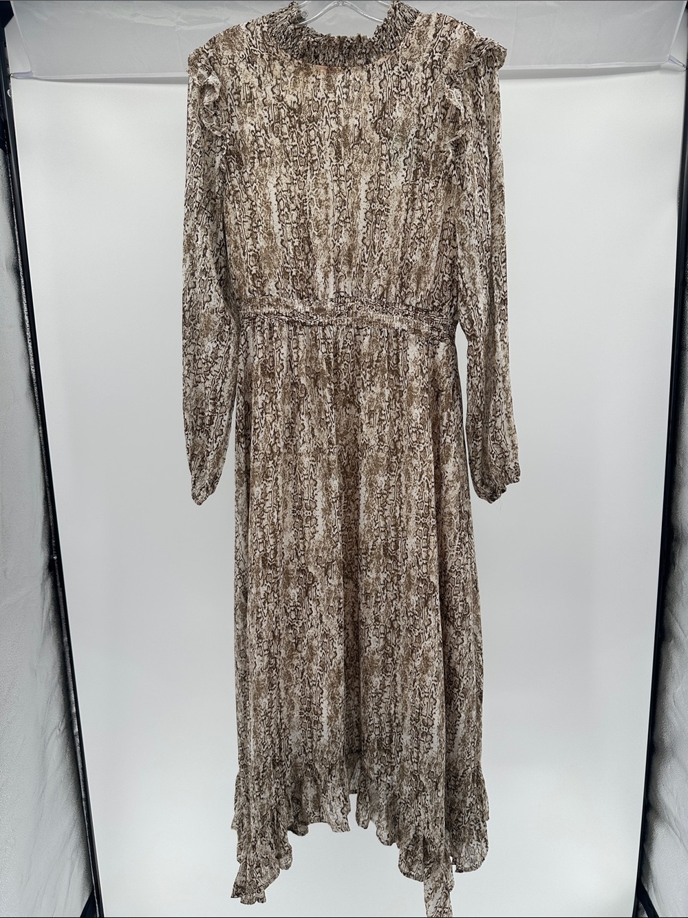 Smocked Waist Brown Printed Long Sleeve Midi Dress